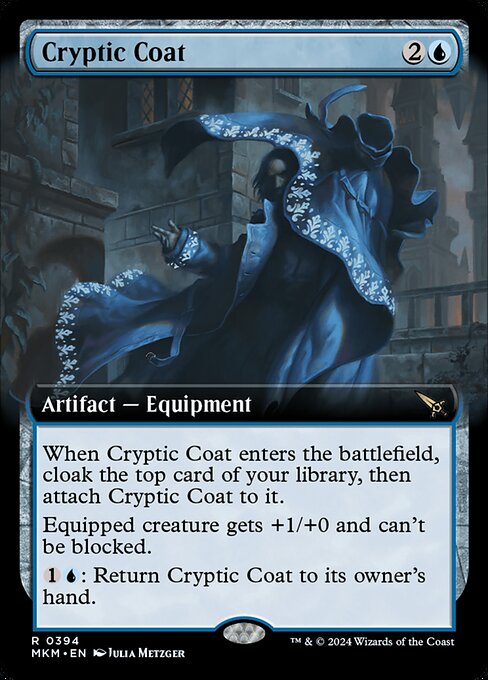 When Cryptic Coat enters the battlefield, cloak the top card of your library, then attach Cryptic Coat to it. (To cloak a card, put it onto the battlefield face down as a 2/2 creature with ward {2}. Turn it face up any time for its mana cost if it's a creature card.)
Equipped creature gets +1/+0 and can't be blocked.
{1}{U}: Return Cryptic Coat to its owner's hand.