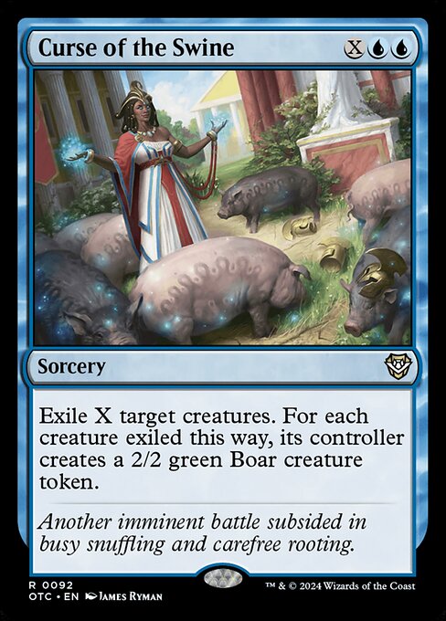 Exile X target creatures. For each creature exiled this way, its controller creates a 2/2 green Boar creature token.