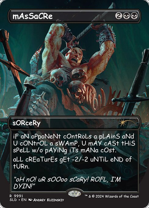 If an opponent controls a Plains and you control a Swamp, you may cast this spell without paying its mana cost.
All creatures get -2/-2 until end of turn.