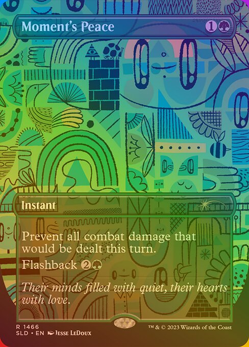 Prevent all combat damage that would be dealt this turn.
Flashback {2}{G} (You may cast this card from your graveyard for its flashback cost. Then exile it.)