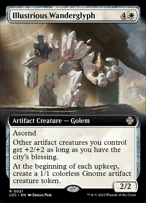 Ascend (If you control ten or more permanents, you get the city's blessing for the rest of the game.)
Other artifact creatures you control get +2/+2 as long as you have the city's blessing.
At the beginning of each upkeep, create a 1/1 colorless Gnome artifact creature token.