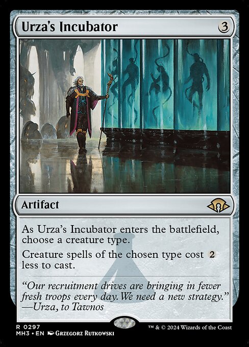 As Urza's Incubator enters the battlefield, choose a creature type.
Creature spells of the chosen type cost {2} less to cast.