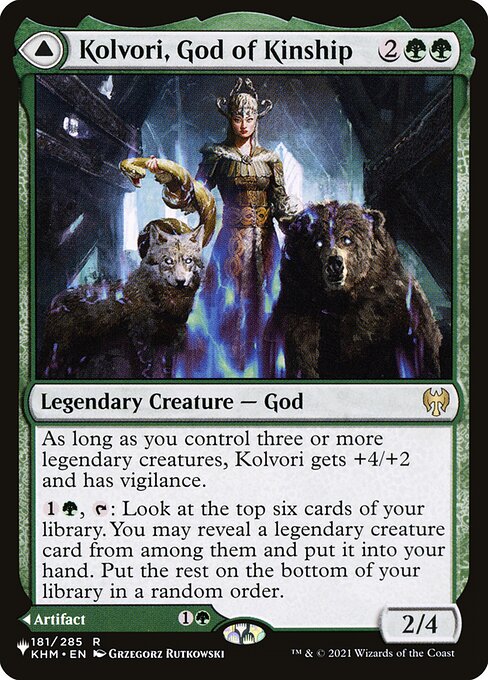 As long as you control three or more legendary creatures, Kolvori gets +4/+2 and has vigilance.
{1}{G}, {T}: Look at the top six cards of your library. You may reveal a legendary creature card from among them and put it into your hand. Put the rest on the bottom of your library in a random order.   As The Ringhart Crest enters, choose a creature type.
{T}: Add {G}. Spend this mana only to cast a creature spell of the chosen type or a legendary creature spell.