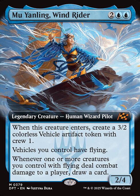 When this creature enters, create a 3/2 colorless Vehicle artifact token with crew 1.
Vehicles you control have flying.
Whenever one or more creatures you control with flying deal combat damage to a player, draw a card.