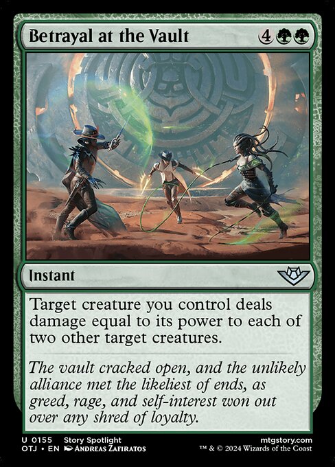 Target creature you control deals damage equal to its power to each of two other target creatures.