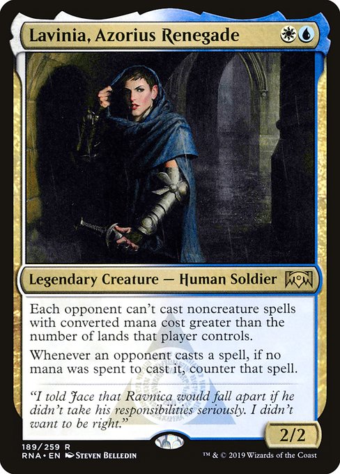 Each opponent can't cast noncreature spells with mana value greater than the number of lands that player controls.
Whenever an opponent casts a spell, if no mana was spent to cast it, counter that spell.