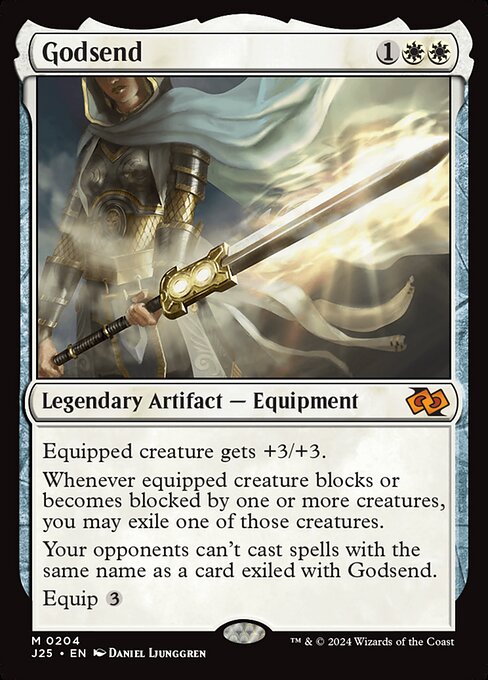 Equipped creature gets +3/+3.
Whenever equipped creature blocks or becomes blocked by one or more creatures, you may exile one of those creatures.
Your opponents can't cast spells with the same name as a card exiled with Godsend.
Equip {3}
