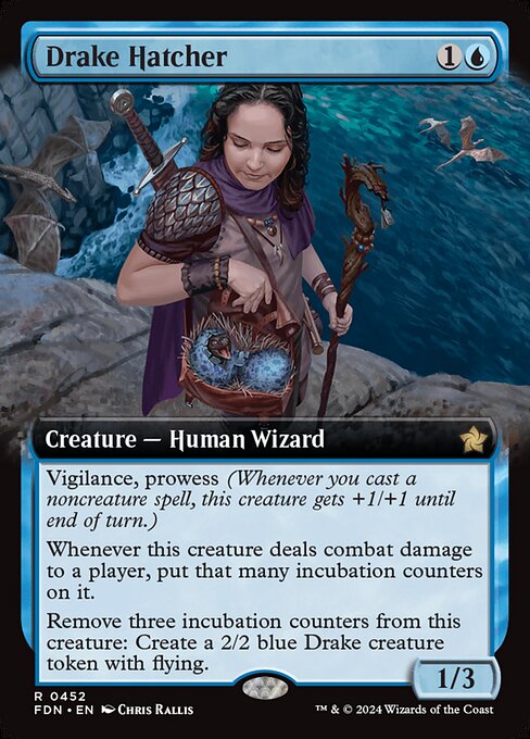 Vigilance, prowess (Whenever you cast a noncreature spell, this creature gets +1/+1 until end of turn.)
Whenever this creature deals combat damage to a player, put that many incubation counters on it.
Remove three incubation counters from this creature: Create a 2/2 blue Drake creature token with flying.