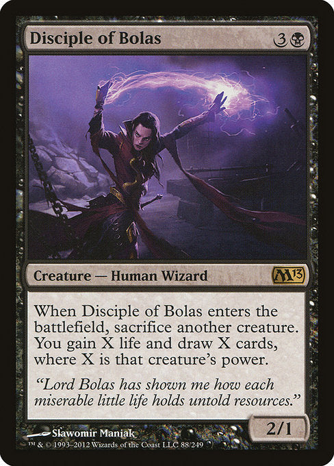 When Disciple of Bolas enters the battlefield, sacrifice another creature. You gain X life and draw X cards, where X is that creature's power.