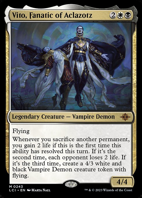 Flying
Whenever you sacrifice another permanent, you gain 2 life if this is the first time this ability has resolved this turn. If it's the second time, each opponent loses 2 life. If it's the third time, create a 4/3 white and black Vampire Demon creature token with flying.