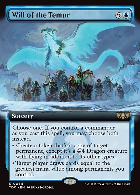 Choose one. If you control a commander as you cast this spell, you may choose both instead.
• Create a token that's a copy of target permanent, except it's a 4/4 Dragon creature with flying in addition to its other types.
• Target player draws cards equal to the greatest mana value among permanents you control.