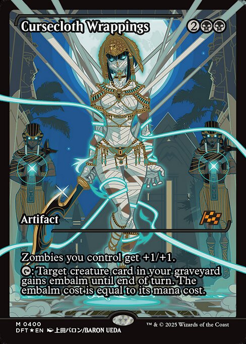 Zombies you control get +1/+1.
{T}: Target creature card in your graveyard gains embalm until end of turn. The embalm cost is equal to its mana cost. (Exile that card and pay its embalm cost: Create a token that's a copy of it, except it's a white Zombie in addition to its other types and has no mana cost. Embalm only as a sorcery.)