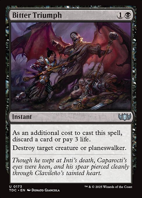 As an additional cost to cast this spell, discard a card or pay 3 life.
Destroy target creature or planeswalker.