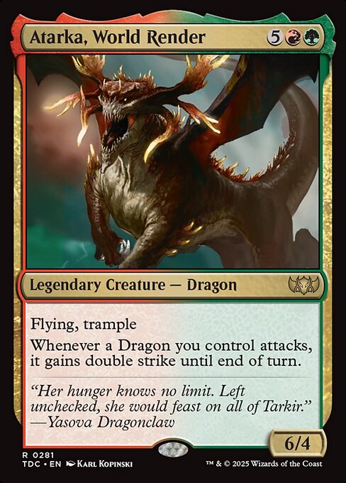 Flying, trample
Whenever a Dragon you control attacks, it gains double strike until end of turn.