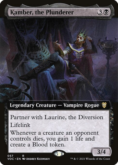 Partner with Laurine, the Diversion (When this creature enters the battlefield, target player may put Laurine into their hand from their library, then shuffle.)
Lifelink
Whenever a creature an opponent controls dies, you gain 1 life and create a Blood token. (It's an artifact with "{1}, {T}, Discard a card, Sacrifice this artifact: Draw a card.")