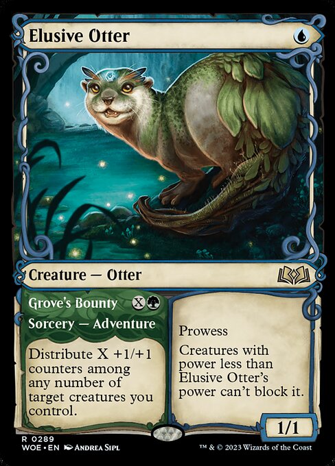 Prowess (Whenever you cast a noncreature spell, this creature gets +1/+1 until end of turn.)
Creatures with power less than Elusive Otter's power can't block it.   Distribute X +1/+1 counters among any number of target creatures you control. (Then exile this card. You may cast the creature later from exile.)