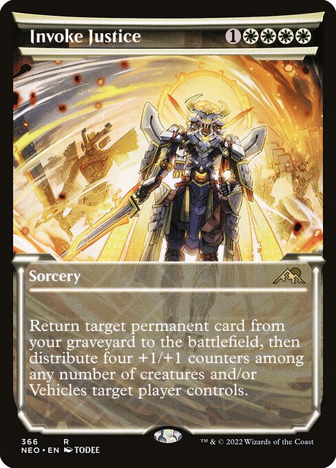 Return target permanent card from your graveyard to the battlefield, then distribute four +1/+1 counters among any number of creatures and/or Vehicles target player controls.