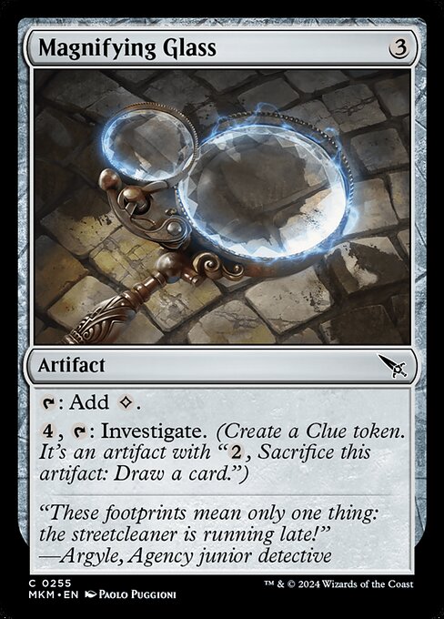 {T}: Add {C}.
{4}, {T}: Investigate. (Create a Clue token. It's an artifact with "{2}, Sacrifice this artifact: Draw a card.")