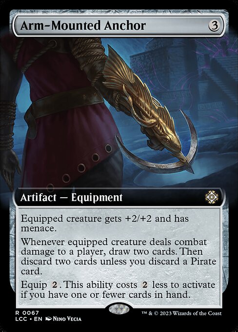 Equipped creature gets +2/+2 and has menace.
Whenever equipped creature deals combat damage to a player, draw two cards. Then discard two cards unless you discard a Pirate card.
Equip {2}. This ability costs {2} less to activate if you have one or fewer cards in hand.