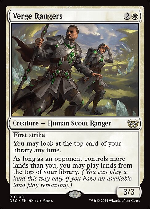 First strike
You may look at the top card of your library any time.
As long as an opponent controls more lands than you, you may play lands from the top of your library. (You can play a land this way only if you have an available land play remaining.)