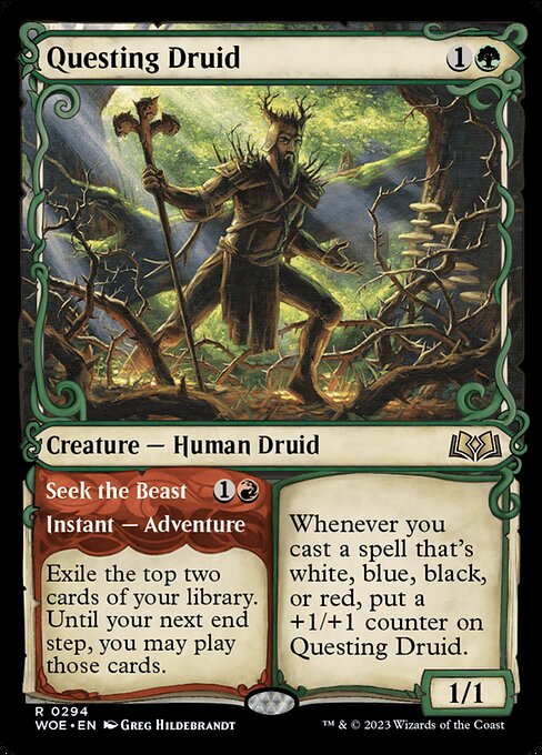 Whenever you cast a spell that's white, blue, black, or red, put a +1/+1 counter on Questing Druid.   Exile the top two cards of your library. Until your next end step, you may play those cards.