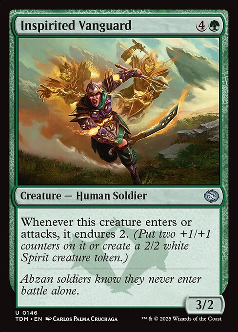 Whenever this creature enters or attacks, it endures 2. (Put two +1/+1 counters on it or create a 2/2 white Spirit creature token.)