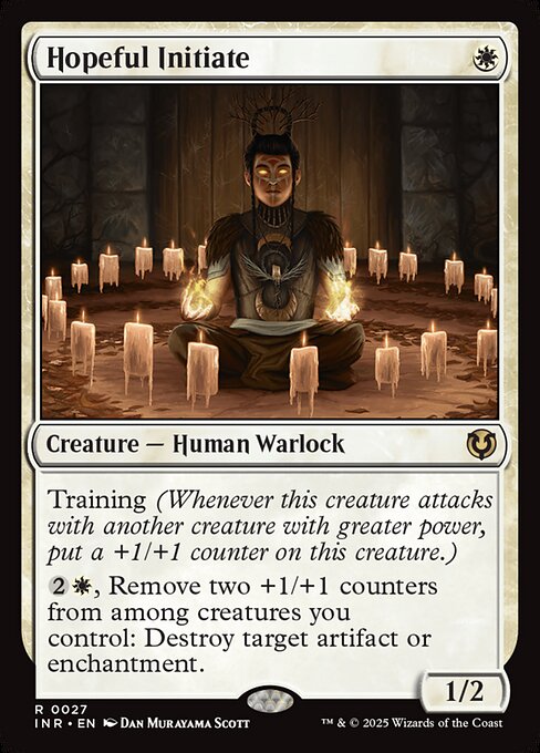 Training (Whenever this creature attacks with another creature with greater power, put a +1/+1 counter on this creature.)
{2}{W}, Remove two +1/+1 counters from among creatures you control: Destroy target artifact or enchantment.