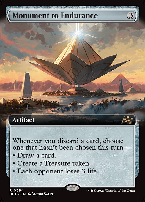 Whenever you discard a card, choose one that hasn't been chosen this turn —
• Draw a card.
• Create a Treasure token.
• Each opponent loses 3 life.