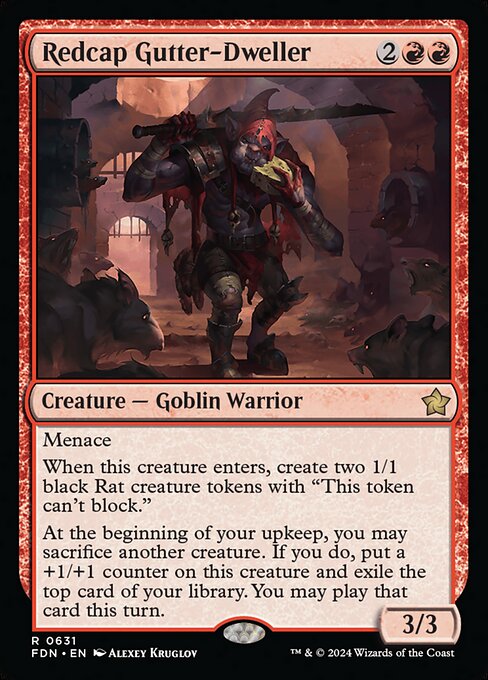 Menace
When this creature enters, create two 1/1 black Rat creature tokens with "This token can't block."
At the beginning of your upkeep, you may sacrifice another creature. If you do, put a +1/+1 counter on this creature and exile the top card of your library. You may play that card this turn.