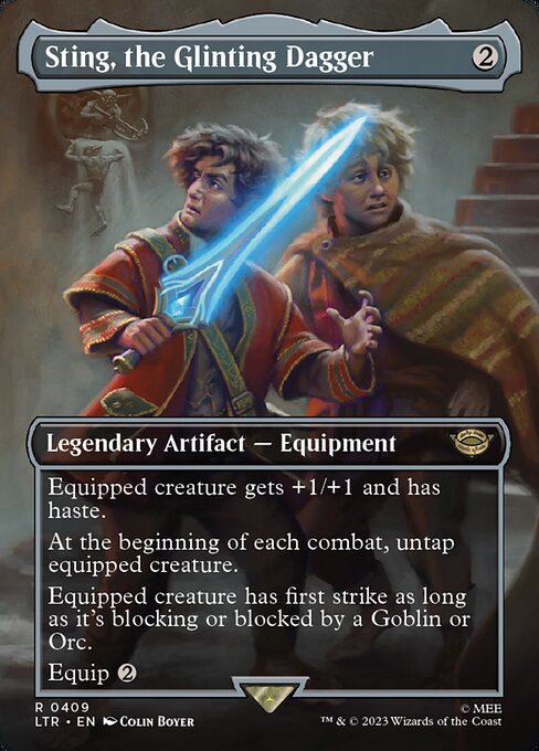 Equipped creature gets +1/+1 and has haste.
At the beginning of each combat, untap equipped creature.
Equipped creature has first strike as long as it's blocking or blocked by a Goblin or Orc.
Equip {2}