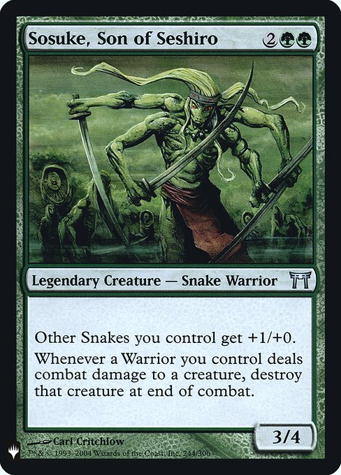 Other Snake creatures you control get +1/+0.
Whenever a Warrior you control deals combat damage to a creature, destroy that creature at end of combat.