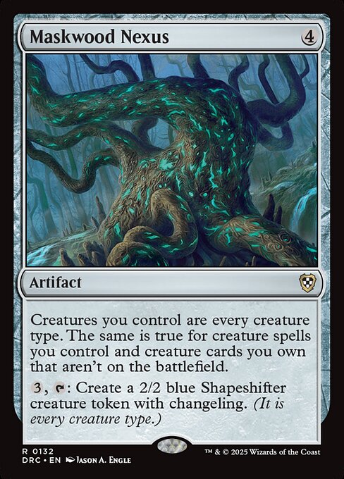 Creatures you control are every creature type. The same is true for creature spells you control and creature cards you own that aren't on the battlefield.
{3}, {T}: Create a 2/2 blue Shapeshifter creature token with changeling. (It is every creature type.)