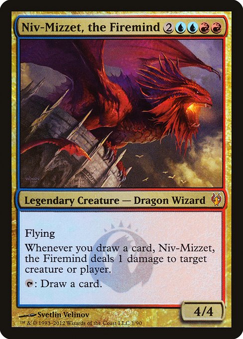 Flying
Whenever you draw a card, Niv-Mizzet, the Firemind deals 1 damage to any target.
{T}: Draw a card.
