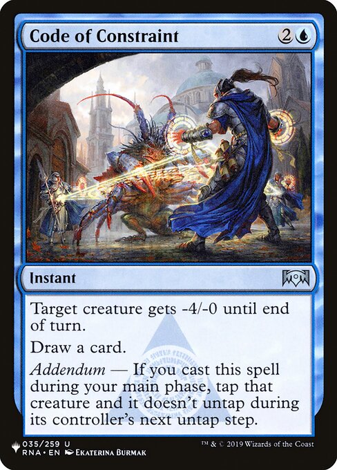 Target creature gets -4/-0 until end of turn.
Draw a card.
Addendum — If you cast this spell during your main phase, tap that creature and it doesn't untap during its controller's next untap step.