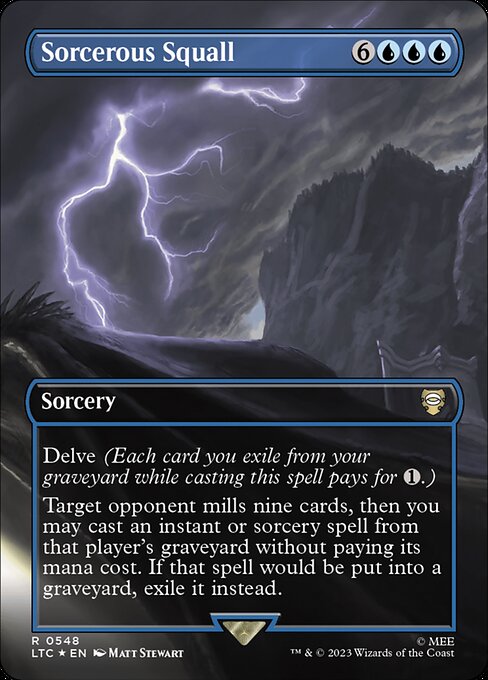 Delve (Each card you exile from your graveyard while casting this spell pays for {1}.)
Target opponent mills nine cards, then you may cast an instant or sorcery spell from that player's graveyard without paying its mana cost. If that spell would be put into a graveyard, exile it instead.