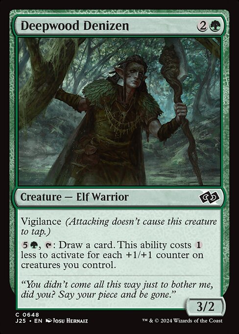 Vigilance (Attacking doesn't cause this creature to tap.)
{5}{G}, {T}: Draw a card. This ability costs {1} less to activate for each +1/+1 counter on creatures you control.