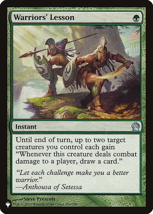 Until end of turn, up to two target creatures you control each gain "Whenever this creature deals combat damage to a player, draw a card."