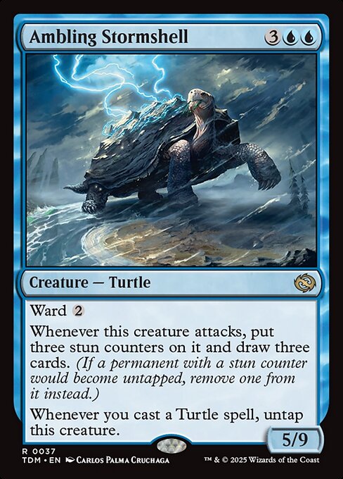 Ward {2}
Whenever this creature attacks, put three stun counters on it and draw three cards. (If a permanent with a stun counter would become untapped, remove one from it instead.)
Whenever you cast a Turtle spell, untap this creature.