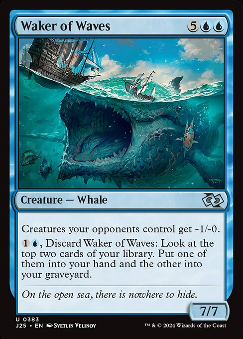 Creatures your opponents control get -1/-0.
{1}{U}, Discard Waker of Waves: Look at the top two cards of your library. Put one of them into your hand and the other into your graveyard.