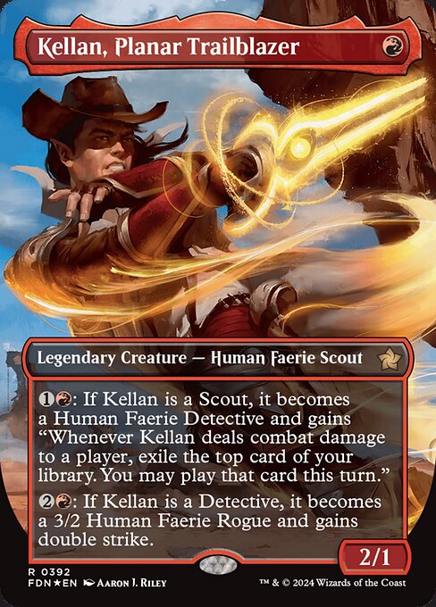 {1}{R}: If Kellan is a Scout, it becomes a Human Faerie Detective and gains "Whenever Kellan deals combat damage to a player, exile the top card of your library. You may play that card this turn."
{2}{R}: If Kellan is a Detective, it becomes a 3/2 Human Faerie Rogue and gains double strike.