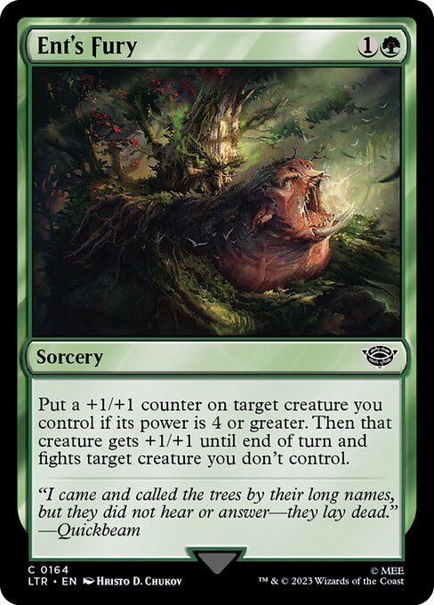 Put a +1/+1 counter on target creature you control if its power is 4 or greater. Then that creature gets +1/+1 until end of turn and fights target creature you don't control.