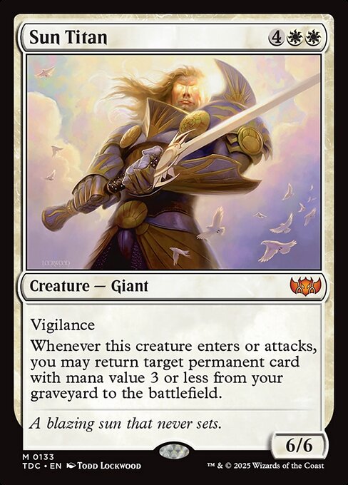 Vigilance
Whenever this creature enters or attacks, you may return target permanent card with mana value 3 or less from your graveyard to the battlefield.