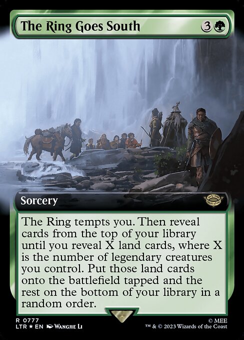 The Ring tempts you. Then reveal cards from the top of your library until you reveal X land cards, where X is the number of legendary creatures you control. Put those land cards onto the battlefield tapped and the rest on the bottom of your library in a random order.