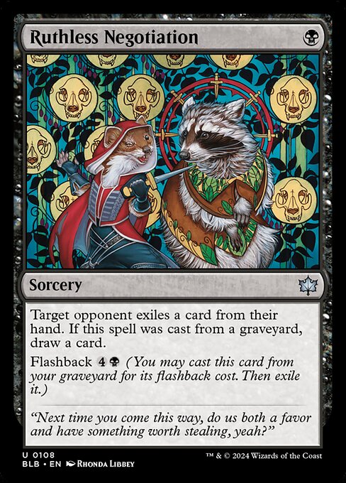 Target opponent exiles a card from their hand. If this spell was cast from a graveyard, draw a card.
Flashback {4}{B} (You may cast this card from your graveyard for its flashback cost. Then exile it.)