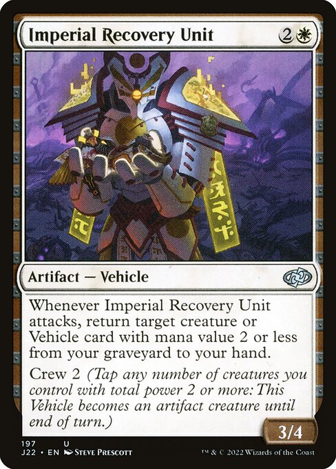 Whenever Imperial Recovery Unit attacks, return target creature or Vehicle card with mana value 2 or less from your graveyard to your hand.
Crew 2 (Tap any number of creatures you control with total power 2 or more: This Vehicle becomes an artifact creature until end of turn.)