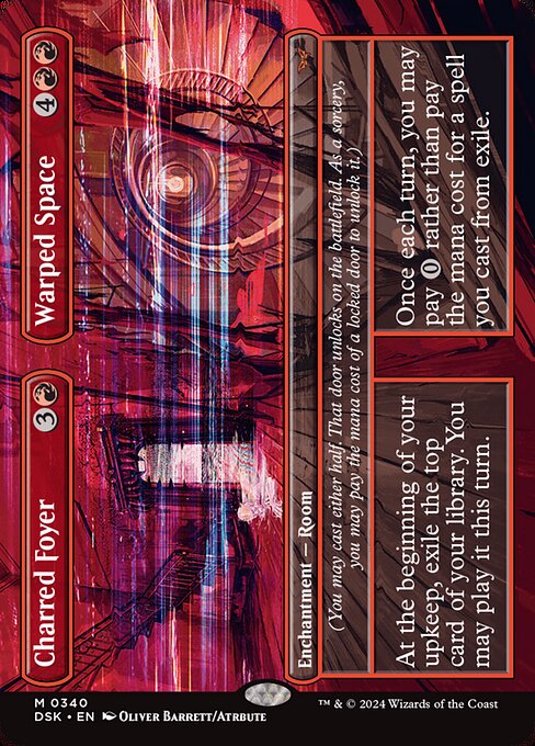 At the beginning of your upkeep, exile the top card of your library. You may play it this turn.
(You may cast either half. That door unlocks on the battlefield. As a sorcery, you may pay the mana cost of a locked door to unlock it.)   Once each turn, you may pay {0} rather than pay the mana cost for a spell you cast from exile.
(You may cast either half. That door unlocks on the battlefield. As a sorcery, you may pay the mana cost of a locked door to unlock it.)