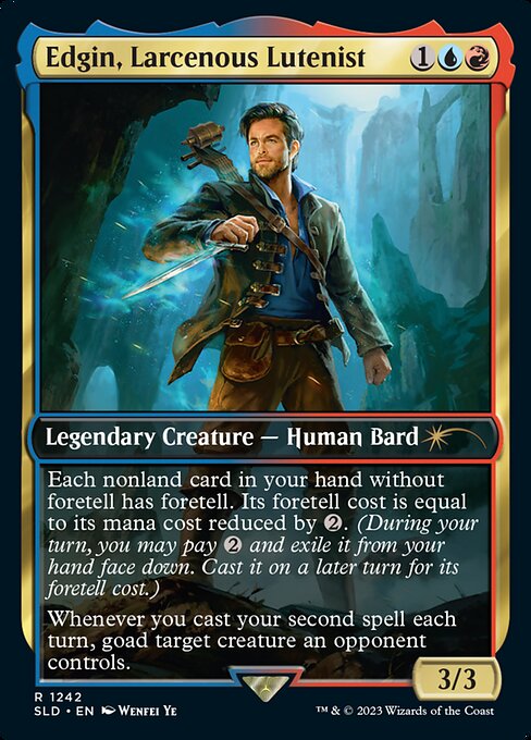 Each nonland card in your hand without foretell has foretell. Its foretell cost is equal to its mana cost reduced by {2}. (During your turn, you may pay {2} and exile it from your hand face down. Cast it on a later turn for its foretell cost.)
Whenever you cast your second spell each turn, goad target creature an opponent controls.