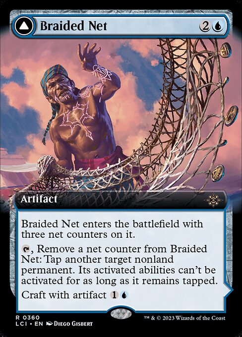 Braided Net enters the battlefield with three net counters on it.
{T}, Remove a net counter from Braided Net: Tap another target nonland permanent. Its activated abilities can't be activated for as long as it remains tapped.
Craft with artifact {1}{U}   {3}{U}, {T}: Draw a card for each artifact you control, then put Braided Quipu into its owner's library third from the top.