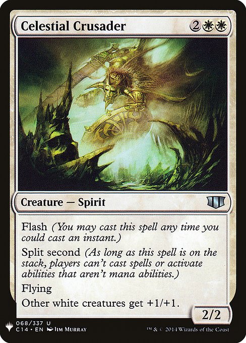 Flash
Split second (As long as this spell is on the stack, players can't cast spells or activate abilities that aren't mana abilities.)
Flying
Other white creatures get +1/+1.