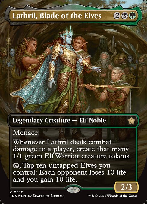 Menace
Whenever Lathril, Blade of the Elves deals combat damage to a player, create that many 1/1 green Elf Warrior creature tokens.
{T}, Tap ten untapped Elves you control: Each opponent loses 10 life and you gain 10 life.